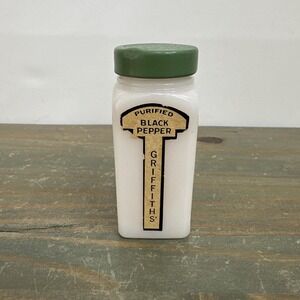 Vintage Griffith's BLACK PEPPER 3/4oz spice bottle White Milkglass jar Green lid